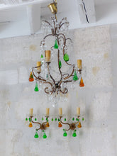 Load image into Gallery viewer, RARE Set Antique Chandelier Wall Lights Handmade Glass Drops Fruits 1950 MURANO