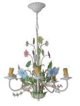 Load image into Gallery viewer, Charming Florentine Chandelier Enameled Metal Tole Flowers Italian Ceiling 80's