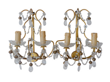 Load image into Gallery viewer, Vintage Pair cage Wall Light Clear Crystal Drop Cup Beads 1970's RARE Sconce