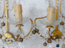 Load image into Gallery viewer, Vintage Pair cage Wall Light Clear Crystal Drop Cup Beads 1970's RARE Sconce