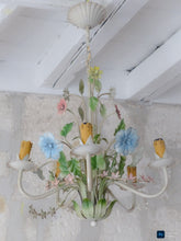 Load image into Gallery viewer, Charming Florentine Chandelier Enameled Metal Tole Flowers Italian Ceiling 80's