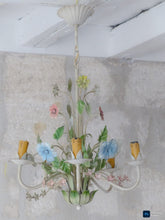 Load image into Gallery viewer, Charming Florentine Chandelier Enameled Metal Tole Flowers Italian Ceiling 80's