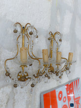 Load image into Gallery viewer, Vintage Pair cage Wall Light Clear Crystal Drop Cup Beads 1970's RARE Sconce