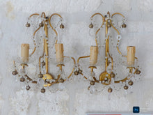 Load image into Gallery viewer, Vintage Pair cage Wall Light Clear Crystal Drop Cup Beads 1970's RARE Sconce