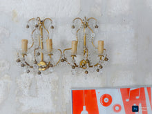 Load image into Gallery viewer, Vintage Pair cage Wall Light Clear Crystal Drop Cup Beads 1970's RARE Sconce