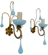Load image into Gallery viewer, 1930 MURANO Antique PAIR Wall Light Aqua Blue Opaline Drops Cup Bead Sconces OMG
