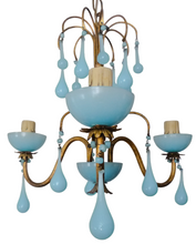 Load image into Gallery viewer, Antique Chandelier Aqua Blue Opaline Drops Cup Beads 1930 MURANO 3 lights RARE