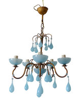 Load image into Gallery viewer, 1930 Antique Chandelier Aqua Blue Opaline Drops Cup Bead MURANO 5 lights Ceiling