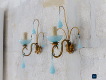 Load image into Gallery viewer, 1930 MURANO Antique PAIR Wall Light Aqua Blue Opaline Drops Cup Bead Sconces OMG
