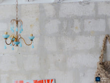Load image into Gallery viewer, Antique Chandelier Aqua Blue Opaline Drops Cup Beads 1930 MURANO 3 lights RARE