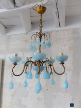 Load image into Gallery viewer, 1930 Antique Chandelier Aqua Blue Opaline Drops Cup Bead MURANO 5 lights Ceiling