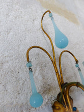 Load image into Gallery viewer, 1930 MURANO Antique PAIR Wall Light Aqua Blue Opaline Drops Cup Bead Sconces OMG