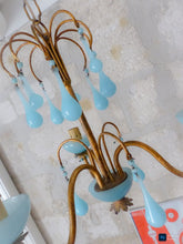Load image into Gallery viewer, Antique Chandelier Aqua Blue Opaline Drops Cup Beads 1930 MURANO 3 lights RARE