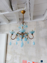 Load image into Gallery viewer, 1930 Antique Chandelier Aqua Blue Opaline Drops Cup Bead MURANO 5 lights Ceiling