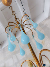 Load image into Gallery viewer, Antique Chandelier Aqua Blue Opaline Drops Cup Beads 1930 MURANO 3 lights RARE