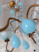 Load image into Gallery viewer, 1930 Antique Chandelier Aqua Blue Opaline Drops Cup Bead MURANO 5 lights Ceiling