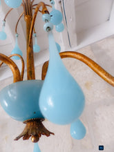 Load image into Gallery viewer, Antique Chandelier Aqua Blue Opaline Drops Cup Beads 1930 MURANO 3 lights RARE