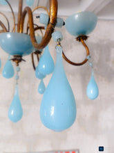 Load image into Gallery viewer, 1930 Antique Chandelier Aqua Blue Opaline Drops Cup Bead MURANO 5 lights Ceiling