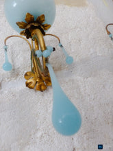 Load image into Gallery viewer, 1930 MURANO Antique PAIR Wall Light Aqua Blue Opaline Drops Cup Bead Sconces OMG