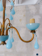 Load image into Gallery viewer, Antique Chandelier Aqua Blue Opaline Drops Cup Beads 1930 MURANO 3 lights RARE