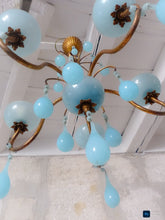 Load image into Gallery viewer, 1930 Antique Chandelier Aqua Blue Opaline Drops Cup Bead MURANO 5 lights Ceiling