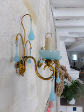Load image into Gallery viewer, 1930 MURANO Antique PAIR Wall Light Aqua Blue Opaline Drops Cup Bead Sconces OMG