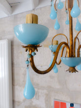 Load image into Gallery viewer, Antique Chandelier Aqua Blue Opaline Drops Cup Beads 1930 MURANO 3 lights RARE
