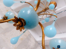 Load image into Gallery viewer, Antique Chandelier Aqua Blue Opaline Drops Cup Beads 1930 MURANO 3 lights RARE