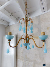 Load image into Gallery viewer, Antique Chandelier Aqua Blue Opaline Drops Cup Beads 1930 MURANO 3 lights RARE