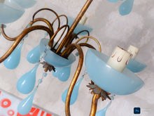 Load image into Gallery viewer, 1930 Antique Chandelier Aqua Blue Opaline Drops Cup Bead MURANO 5 lights Ceiling