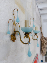 Load image into Gallery viewer, 1930 MURANO Antique PAIR Wall Light Aqua Blue Opaline Drops Cup Bead Sconces OMG