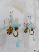 Load image into Gallery viewer, 1930 MURANO Antique PAIR Wall Light Aqua Blue Opaline Drops Cup Bead Sconces OMG