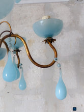Load image into Gallery viewer, 1930 Antique Chandelier Aqua Blue Opaline Drops Cup Bead MURANO 5 lights Ceiling