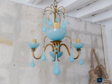 Load image into Gallery viewer, Antique Chandelier Aqua Blue Opaline Drops Cup Beads 1930 MURANO 3 lights RARE