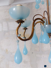 Load image into Gallery viewer, 1930 Antique Chandelier Aqua Blue Opaline Drops Cup Bead MURANO 5 lights Ceiling