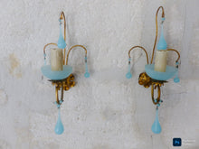Load image into Gallery viewer, 1930 MURANO Antique PAIR Wall Light Aqua Blue Opaline Drops Cup Bead Sconces OMG