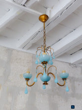 Load image into Gallery viewer, Antique Chandelier Aqua Blue Opaline Drops Cup Beads 1930 MURANO 3 lights RARE