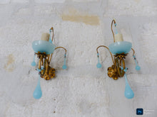 Load image into Gallery viewer, 1930 MURANO Antique PAIR Wall Light Aqua Blue Opaline Drops Cup Bead Sconces OMG