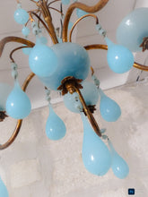 Load image into Gallery viewer, 1930 Antique Chandelier Aqua Blue Opaline Drops Cup Bead MURANO 5 lights Ceiling