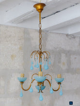 Load image into Gallery viewer, Antique Chandelier Aqua Blue Opaline Drops Cup Beads 1930 MURANO 3 lights RARE