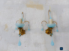 Load image into Gallery viewer, 1930 MURANO Antique PAIR Wall Light Aqua Blue Opaline Drops Cup Bead Sconces OMG