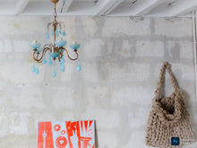 Load image into Gallery viewer, 1930 Antique Chandelier Aqua Blue Opaline Drops Cup Bead MURANO 5 lights Ceiling