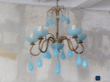 Load image into Gallery viewer, 1930 Antique Chandelier Aqua Blue Opaline Drops Cup Bead MURANO 5 lights Ceiling