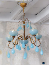 Load image into Gallery viewer, 1930 Antique Chandelier Aqua Blue Opaline Drops Cup Bead MURANO 5 lights Ceiling