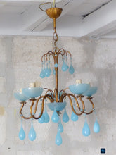 Load image into Gallery viewer, 1930 Antique Chandelier Aqua Blue Opaline Drops Cup Bead MURANO 5 lights Ceiling