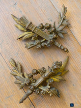 Load image into Gallery viewer, PAIR early 19TH Antique French Gilded Bronze Empire Pediment Hardware Salvage