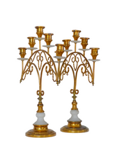 Load image into Gallery viewer, 19TH Gorgeous Antique Pair French Church Candlestick gilded Brass & Alabaster