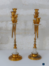 Load image into Gallery viewer, 19TH Gorgeous Antique Pair French Church Candlestick gilded Brass & Alabaster
