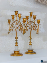 Load image into Gallery viewer, 19TH Gorgeous Antique Pair French Church Candlestick gilded Brass & Alabaster