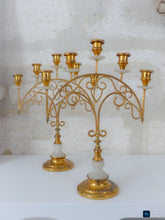 Load image into Gallery viewer, 19TH Gorgeous Antique Pair French Church Candlestick gilded Brass & Alabaster